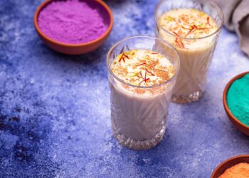 Traditional Indian drink thandai with saffron and pistachio