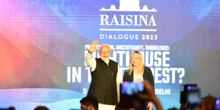 PM with the Italian Prime Minister Ms. Giorgia Meloni at the Raisina Dialogue, in New Delhi on March 02, 2023.